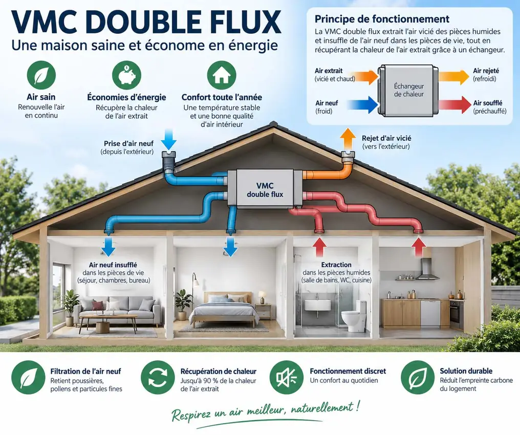 Schéma d'une maison équipée d'une VMC double flux : extraction de l'air vicié et insufflation d'air neuf filtré