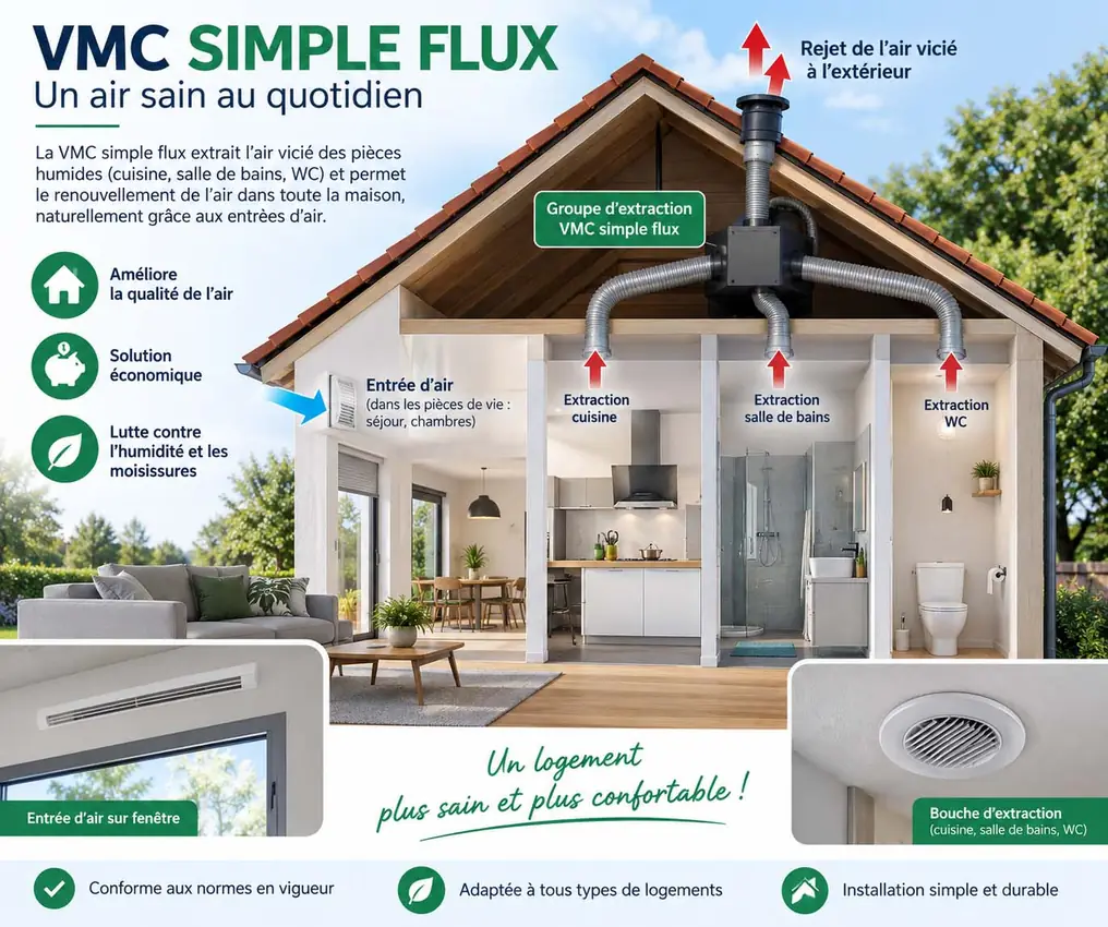 Schéma du fonctionnement d'une VMC simple flux